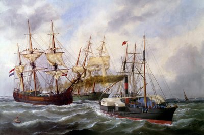 مقطورتان من ثلاث حصائر رسمها لو نبتون أوهافر في عام 1882 لوحة لإدوارد آدم (1847-1929) 1882 باريس ، متحف دي لا مارين بواسطة إدوارد ماري آدم