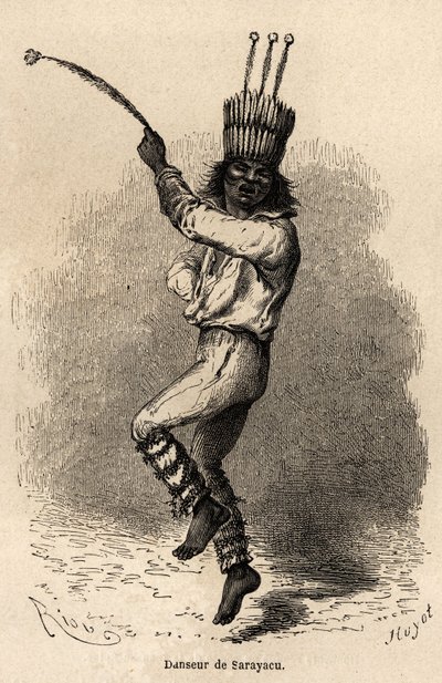 راقصة في ساراياكو (بيرو) ، رسمها ريو ، لتوضيح رحلة بول ماركوي من المحيط الهادئ إلى المحيط الأطلسي من 1848 إلى 1860. نقش في "" Le tour du monde "، تحرير إدوارد شارتون بواسطة إدوارد ريو