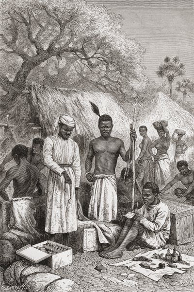 عبد الله سوزي ، يعقوب وينرايت ، وجيمس شوما ، الخدم الثلاثة للدكتور ديفيد ليفنجستون ، يجرون ممتلكاته بعد وفاته في عام 1873 ، رسم توضيحي من "العالم في الأيدي" ، نقش بواسطة تشارلز باربانت بواسطة إدوارد ريو