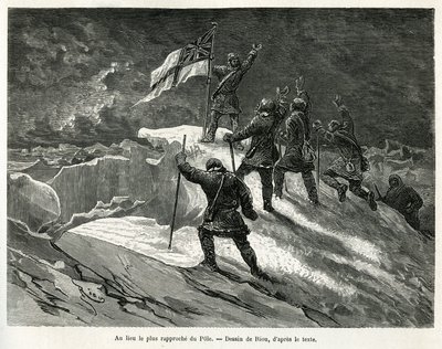 وضع الكابتن جورج سترونج ناريس (1831-1915) العلم البريطاني في أقرب مكان للقطب ، رسمه ريو ، لتوضيح قصة رحلة إلى البحر القطبي في 1875-1876 ، بواسطة الكابتن جي إس ناريس. نقش في Le Tour du monde بواسطة إدوارد ريو