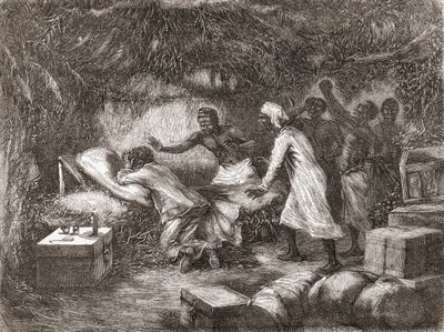وفاة الدكتور ليفنجستون في قرية تشيتامبو بإفريقيا عام 1873 ، رسم توضيحي من "العالم بين يدي" ، نُشر عام 1878 بواسطة إدوارد ريو