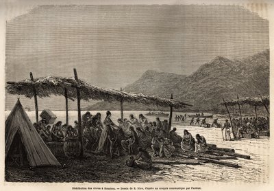 توزيع المواد الغذائية في كيوهو ، بعد الزلزال والثوران البركاني عام 1868 ، لضحايا الكارثة ، نقش بعد رسم إي ريو ، يوضح الرحلة إلى جزر ساندويتش ، في 1855-1869 ، بواسطة C. de Varigny ، نشرت في "" Le بواسطة إدوارد ريو