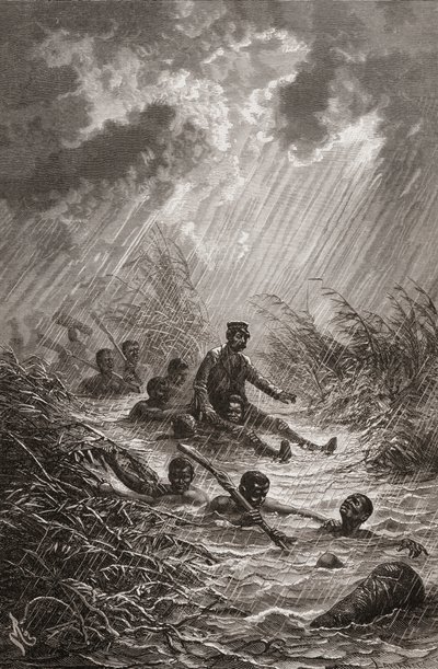 حمل الدكتور ديفيد ليفينغستون من خلال مستنقع من الحمالين خلال بعثته إلى أفريقيا عام 1872 ، صورة توضيحية من "العالم في الأيادي" ، نقشها تشارلز لابلانت بواسطة إدوارد ريو