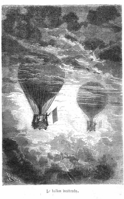 رسم لكتاب Jules Verne من مجموعة Hetzel / Extraordinary Travels "خمسة أسابيع في بالون". يلتقي بالون فيكتوريا ببالون آخر في السحب بواسطة إدوارد ريو