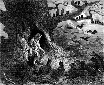 رسم توضيحي لرواية ألكسندر دوما "Le leader de loups": بدا أن تيبو كان مركز دائرة جهنم ، القرن التاسع عشر بواسطة إدوارد ريو