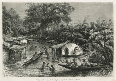 قرى إينونديس ، رسمها ريو ، لتوضيح قصة رحلة إلى الجابون ونهر أوغوي في 1875-1877 ، بواسطة ألفريد ماركي. نقش في Le Tour du monde بواسطة إدوارد ريو