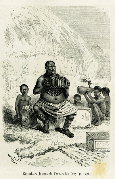 Ketimkuru ، زعيم قبلي ، يعزف على الأكورديون. نقش ريو لتوضيح قصة Les lacs de l'Afrique equatoriale ، بقلم فيكتور جيرود ، راية السفينة ، في 1883-1885 ، في جولة العالم 1886 ، تحت إشراف إدوارد شارتون (1807-1890) ، Hac بواسطة إدوارد ريو
