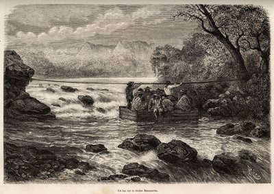 La traversee par le bac de la Riviere Mesacancha (باس بيرو) ، نقش بقلم إي ريو يوضح الرحلة في الجبال ووادي هوارانكالكوي ومناطق بيونال ، من 1862 إلى 1863 ، بقلم بول ماركوي ، نُشر في "" Le Tour du monde ”” 1875 بواسطة إدوارد ريو