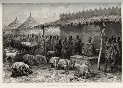 استقبال في نابا سانم ، من مملكة موسي (أو موسى) واغادوغو (واغادوغو ، بوركينا فاسو). نقش ريو ، لتوضيح قصة "" من النيجر إلى خليج غينيا "" للكابتن لويس غوستاف بينغر (1856-1936) ، في 1887-1889 ، في لي تو بواسطة إدوارد ريو