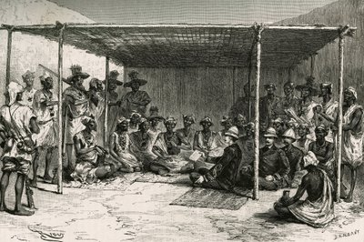 توقيع المعاهدة التي وضعت دولة كيتا (السودان الفرنسي السابق ، مالي حاليًا) تحت حماية فرنسا في 25 أبريل 1880 بين القائد جوزيف جالياني (1849-1916) وتوكونتان كيتا. نقش Riou ، بناءً على رسم تخطيطي لـ au بواسطة إدوارد ريو