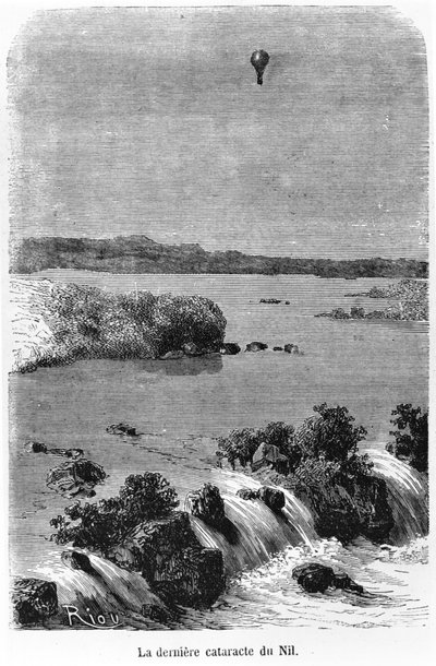 الشلال الأخير للنيل ، رسم توضيحي من "خمسة أسابيع في بالون" لجول فيرن (1828-1905) باريس ، هيتزل بواسطة إدوارد ريو