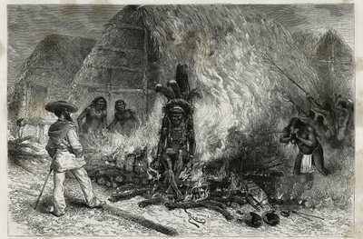 حرق جثمان روكوين (أو وايانا) ، قبيلة تعيش على طول نهري مانا وماروني ، في مواجهة بوشر ، د. البحرية الفرنسية ، بواسطة إدوارد ريو