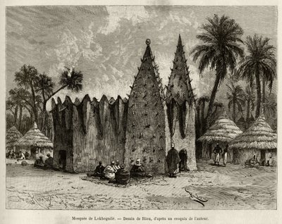 مسجد Lokhognile (خليج Guinee). نقش ريو ، لتوضيح قصة "" من النيجر إلى خليج غينيا "" للكابتن لويس جوستاف بينجر (1856-1936) ، في 1887-1889 ، في Le Tour du monde ، nouveau journal des voyages ، تحت إشراف بواسطة إدوارد ريو