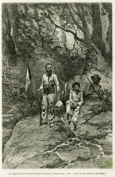 المسافر ينشر علم الالوان الثلاثة على مصادر Orenoque. نقش ريو ، لتوضيح قصة Voyage aux sources de l'Orenoque ، في 1886-1887 ، بواسطة جان شافانجون ، تم تكليفه من قبل خبير التعليم العام ، في جولة العالم 1 بواسطة إدوارد ريو