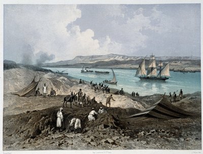 منظر للقناة في "" افتتاح قناة السويس بواسطة ج. نيكول. 1869 بواسطة إدوارد ريو