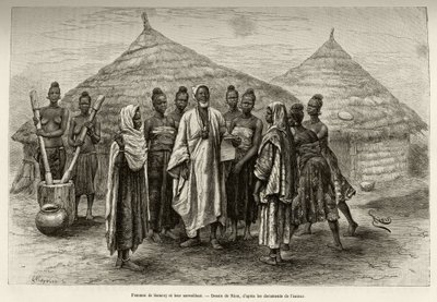 نساء ساموري توري (حوالي 1835-1898) قائدة حرب حلقة النيجر ومشرفتهن ، سونينكي ، الذي يعرف القراءة والكتابة باللغة العربية ، كما يتضح من الورقة التي يحملها في يده. نقش ريو لتوضيح قصة "" من النيجر إلى الخليج بواسطة إدوارد ريو