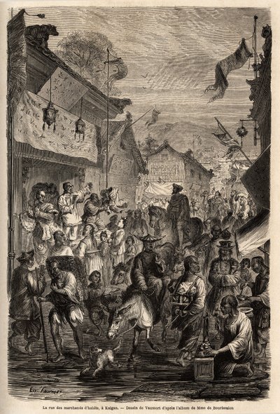 شارع تجار الملابس ، كالغان ، منغوليا. رسم من قبل فومورت (؟ -1886) ، لتوضيح رحلة إم. دي بوربولون ، الوزير الفرنسي إلى الصين ، من شنغهاي إلى موسكو ، من 1859 إلى 1862. نقش في "" Le Tour du monde "، من تحرير Edouard Chart بواسطة إدوارد فومورت