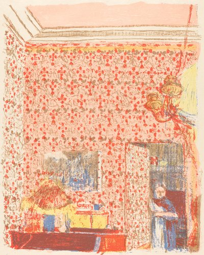 الداخلية مع خلفية الوردي أنا Interieur aux الخيام الورود الأول ، ج. عام 1896 تم نشره عام 1899. بواسطة إدوارد فويلارد