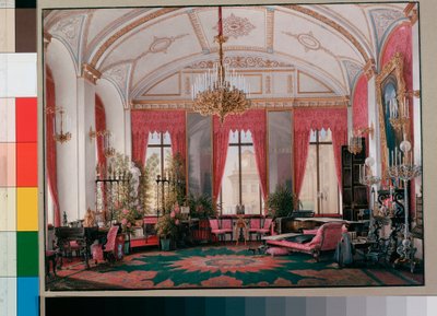 التصميمات الداخلية للقصر الشتوي (Palais d'hiver a Saint Petersbourg): دراسة Raspberry للإمبراطورة Maria Alexandrovna - لوحة مائية على الورق من Eduard (Edouard) Hau (1807-1887) بواسطة إدوارد هاو