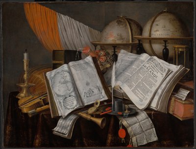فانيتاس باقية مع علم ، شمعدان ، آلات موسيقية ، كتب ، أدوات كتابة ... بواسطة Edwaert Collier
