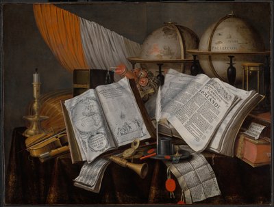 لا تزال حياة Vanitas مع العلم والشمعدان والآلات الموسيقية والكتب وأدوات الكتابة والكرات الأرضية والساعة الرملية بواسطة Edwaert Collier