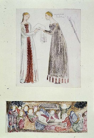 No.1084-f.10 (TtoB) خادمتان ، نسخة من ولادة ماري بقلم جيوفاني دا ميلانو من كنيسة رينوتشيني ، فلورنسا ؛ الرثاء (ألوان مائية ، قلم رصاص) بواسطة إدوارد كولي بورن جونز