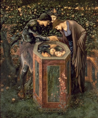 رأس حزين ، رسم إيضاحي من ويليام موريس "الجنة الأرضية" ؛ يُظهر Perseus أندروميدا رأس ميدوسا منعكسًا في بئر بواسطة إدوارد كولي بورن جونز