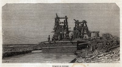 جرافات على قناة السويس رسمها جرينت لتوضيح رحلة بول ميروو إلى قناة السويس عام 1862. نقش في "" Le Tour du monde "، تحرير إدوارد شارتون بواسطة إدوارد جرينيت