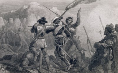 حرب بيكود ، 1636 ، من "تاريخ الولايات المتحدة" ، المجلد. أنا ، بواسطة تشارلز ماكاي ، منقوش بواسطة جيمس تشارلز جيميتاج (1820-97) بواسطة إدوارد هنري كوربولد
