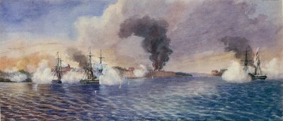 قصف بومارسوند (فنلندا)، أغسطس 1854، أثناء حرب القرم (1853-1856). لوحة مائية رسمها إدوارد هودجز كري (1814-1901). بواسطة إدوارد هودجز كري
