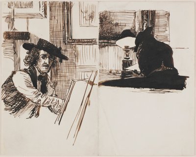 ويسلر يرسم بوينتر ، منظر خلفي لرجل جالس على طاولة بالقرب من مصباح مضاء ، 1860. بواسطة إدوارد جون بوينتر