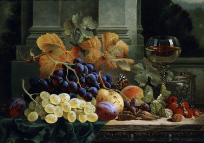حياة صامتة لفاكهة وفراشة. لوحة رسمها إدوارد لاديل (1821-1886) مجموعة خاصة. بواسطة إدوارد لادل