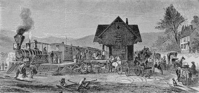The Village Depot ، رسم توضيحي من "Harper&39;s Weekly" ، 1868 ، من "The Pageant of America ، Vol.3" ، بقلم رالف هنري غابرييل ، 1926 بواسطة إدوارد لامبون هنري