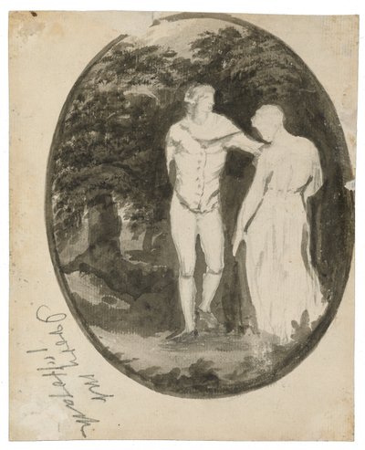 زوجان في منظر طبيعي مشجر في شكل بيضاوي (ظهر) ، ج. 1838-1848 (حبر وغسل على ورق مضغوط) بواسطة إدوارد لير