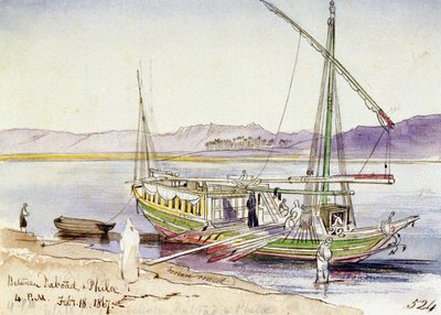 مركب مصري يرسو على شاطئ النيل، بين دابود وفيلة (مصر). رسم بالألوان المائية الملونة بواسطة إدوارد لير