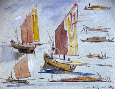 دراسات لقوارب البندقية، مع شراع كامل ومرسى. رسم بالألوان المائية، رسمها إدوارد لير (1812-1888). بواسطة إدوارد لير