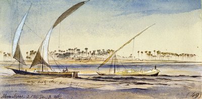 قاربان مصريان (نجار وجيم) يبحران في النيل، بالقرب من أبو عجيس (مصر). رسم بالألوان المائية الملونة بواسطة إدوارد لير