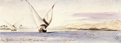 منظر لنهر النيل بالقرب من قلوصنا (مصر)، مع إبحار قارب مصري تقليدي. رسم بالألوان المائية الملونة بواسطة إدوارد لير