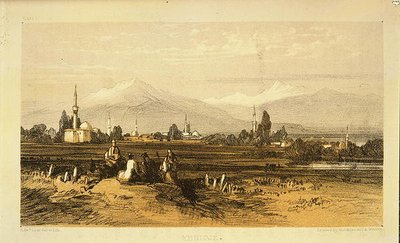 Yenidje ، من "مجلات رسام المناظر الطبيعية في ألبانيا واليونان" ، نُشر عام 1851 (لون ليثو) بواسطة إدوارد لير