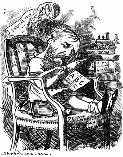 إيفلين أشلي (1836-1907) مؤلف إنجليزي وسياسي ليبرالي: ابن إيرل السابع لشافتسبري. رسم كاريكاتوري لإدوارد لينلي سامبورن في سلسلة اللوحات الفاخرة من بانش لندن في أبريل 1881 عندما كانت آشلي نائبة للسكرتير في مجلس التجارة. بواسطة إدوارد لينلي سامبورن