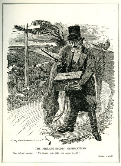 "The Highwayananropropic Highwayman" ، لويد جورج مع صندوق معاشات الشيخوخة ، رسوم متحركة من مجلة "Punch" ، 5 أغسطس 1908 بواسطة إدوارد لينلي سامبورن