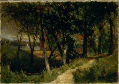 بدون عنوان (منظر طبيعي، مشهد غابة مع سياج أحمر ومبنى) بواسطة إدوارد ميتشل بانيستر