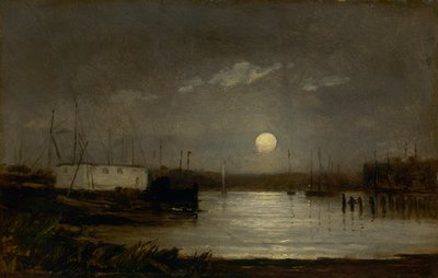 قمر بلا عنوان فوق ميناء ، مشهد رصيف مع اكتمال القمر وصواري المراكب ، كاليفورنيا. 1868. بواسطة إدوارد ميتشل بانيستر