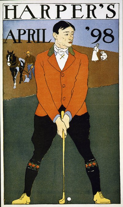هاربر أبريل 1898 رجل في المقدمة يلعب الجولف. (ملصق): ملون. بقلم إدوارد بينفيلد 1866-1925 ، فنان. بواسطة إدوارد بينفيلد