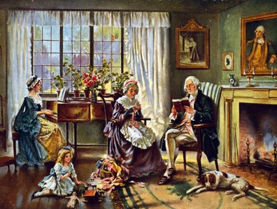 جورج واشنطن (1732-1799) أول رئيس للولايات المتحدة الأمريكية (1789-1797). واشنطن في منزله مع عائلته. بعد رسم إدوارد ب. موران (1862-1935). بواسطة إدوارد بيرسي موران