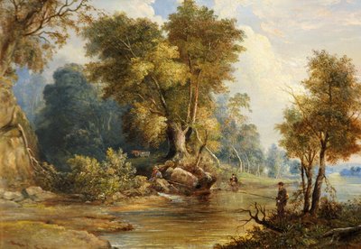 مشهد النهر مع الصيادون ، Leadon ، Gloucestershire ، c.1880 بواسطة إدوارد سميث