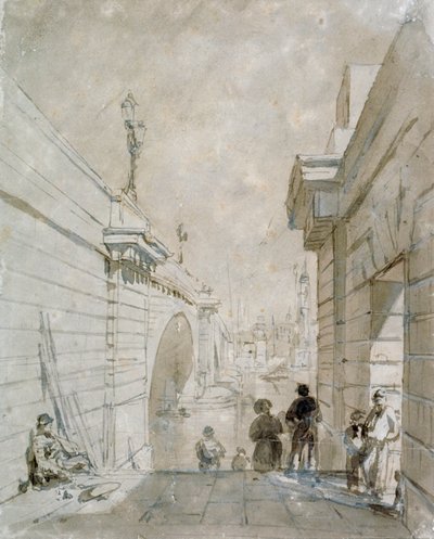 جسر لندن باتجاه الشمال من الهبوط العلوي للدرجات بالقرب من شارع Tooley ، 1833 بواسطة إدوارد ويليام كوك