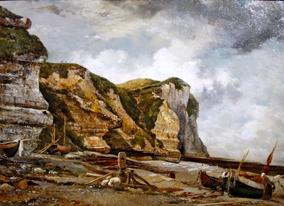 الصخور في المياه المنخفضة مع West Falaise (منحدرات Etretat والقوارب) بواسطة إدوارد ويليام كوك