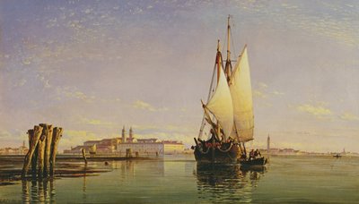 تلال Euganean و Laguna of Venice - Trabaccola في انتظار المد والغروب ، 1853 بواسطة إدوارد ويليام كوك