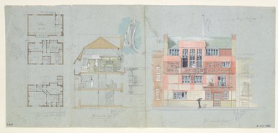 الارتفاع الأمامي وقسم المنزل والاستوديو لفرانك مايلز (1852-91) ، شارع تيتي ، تشيلسي ، 1878-79 (مرحاض وقلم رصاص على الورق) (انظر أيضًا 176481-482 ، 176484-485) بواسطة إدوارد ويليام جودوين
